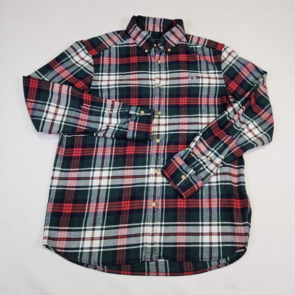 Vineyard Vines Mens Whale Plaid Flannel Shirt M Christmas Holiday Green Red Logo - Picture 16 of 16